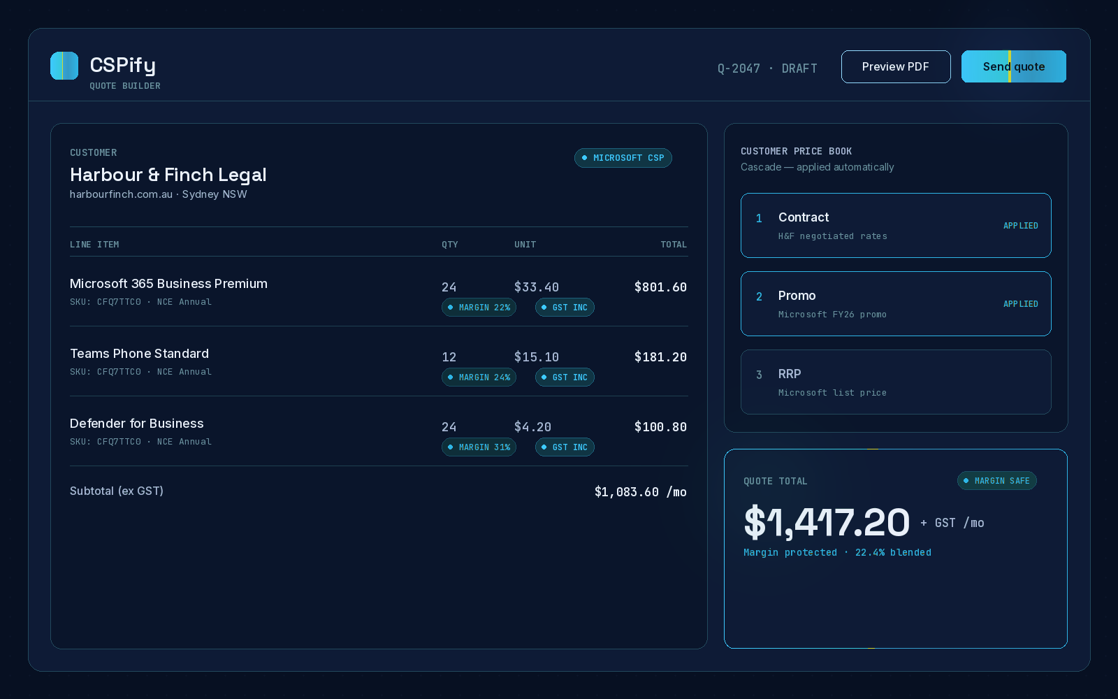 CSPify quote builder — draft Microsoft 365 quote with margin, GST and price-source labels